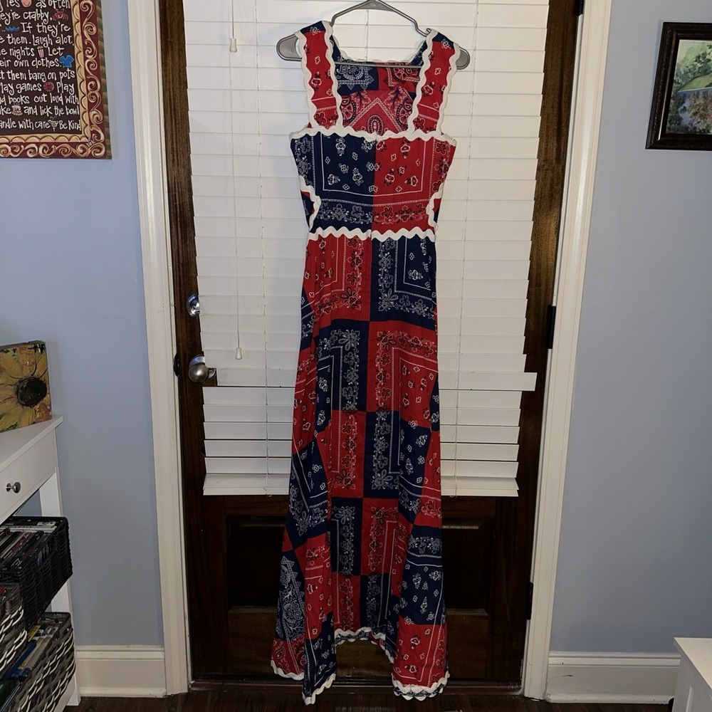 HOWARD WOLF VINTAGE RED & BLUE BANDANA PATCHWORK PRINT Maxi DRESS - Picture 2 of 8